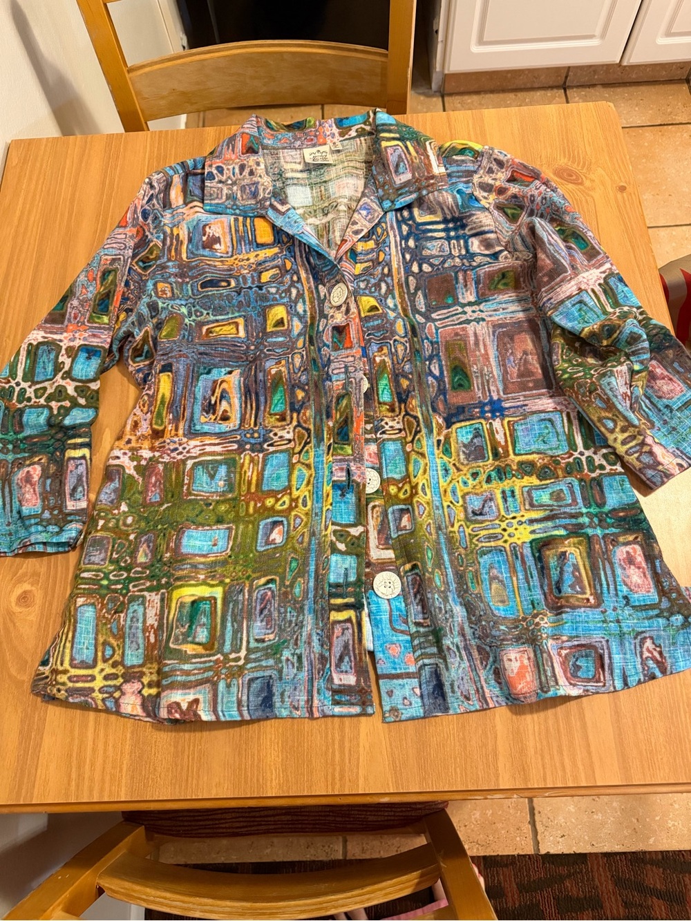 Parsley & Sage Multicolor Gauzy Button-Up with Teal and Coral Accents